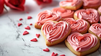 Wall Mural -  a pile of heart shaped cookies sitting on top of a white table next to a red rose and a couple of red hearts on top of a white marble table.