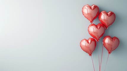 Poster -  a bunch of red heart shaped balloons floating in the air on a light blue background with copy - space for a message or an ad for a valentine's day or valentine's day.