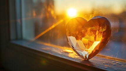 Poster -  a heart shaped object sitting on top of a window sill in front of a window sill with the sun shining through the window and a building in the background.