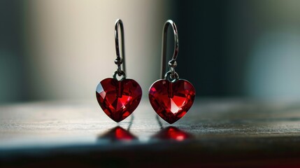 Poster -  a pair of red heart shaped earrings sitting on top of a wooden table next to a pair of red crystal heart shaped earrings on top of a piece of wood.