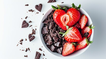 Poster -  a bowl filled with chocolate and strawberries next to a couple of pieces of heart shaped strawberries on top of a white surface with a few pieces of chocolate.