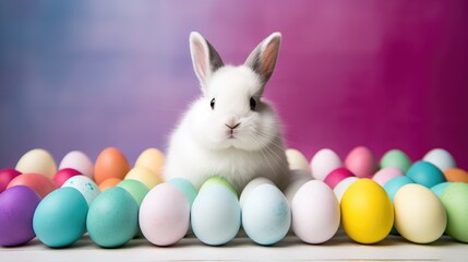 Wall Mural - Easter bunny and colorful eggs on purple background. Happy Easter.