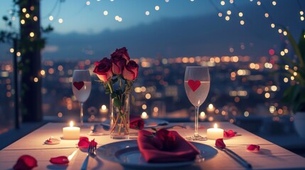 Wall Mural -  a table topped with a vase of roses next to two glasses of wine and a plate with a rose on it and two candles in the middle of the table.