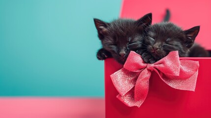 Wall Mural -  a black kitten sleeping inside of a red box with a pink bow on it's head and it's head resting on the top of another kitten's head.