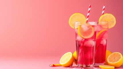  two glasses of pink lemonade with straws and lemons on a pink background with two lemons on the side of the glasses and two lemons on the side of the glass.