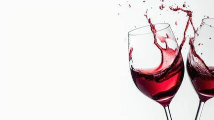 Wall Mural -  two wine glasses filled with red wine splashing out of the top and bottom of the glasses, on a white background, with a reflection of the wine being poured into the glass.