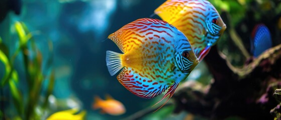 Wall Mural - Vibrant Discus Fish Showcasing Their Tropical Colors In An Exotic Aquarium. Сoncept Underwater Coral Gardens, Captivating Marine Life, Majestic Seahorses, Rainbow Fish Parade