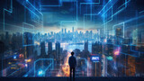 Fototapeta Przestrzenne - Cybersecurity expert in neon-lit city analyzing encrypted data streams