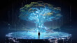 © javier - Floating island in code sea holographic trees cyber sentinel with luminous sword