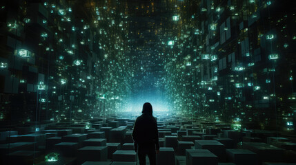 Wall Mural - Luminescent cyber cave solitary sentinel among data crystals