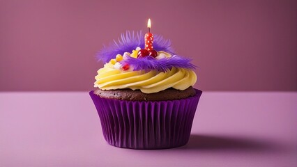 cupcake with candles A birthday cupcake with a lit candle and purple feathers. The cupcake has yellow frosting  