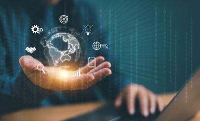 Poster - business vision target, digital marketing technology concept. businessman show global network icon. 