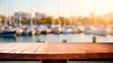 Empty wooden table in front blur yacht club background, product display