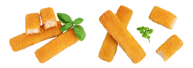 Wall Mural - Fish finger or stick with parsley isolated on white background. Top view. Flat lay.