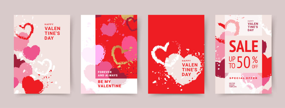 Valentine's Day vector templates for poster, greeting card, cover, label, promotion, invitation, flyer, banner, social media. Trendy abstract background with textured pink and red hearts