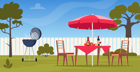 Barbeque scene on backyard. Table, chairs, food. Grilling meat and vegetables outside. Backyard picnic on a weekend. Vector illustration.