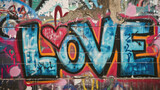 Fototapeta Młodzieżowe - Street art featuring the word LOVE in vibrant colors on backdrop of graffiti