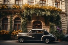 Picture Of Vintage Car With Flowers Parked On A City Street Near An Old Building With Arched Windows. Generative AI