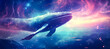 © Iwankrwn - Humpback whale in deep space. Fantasy cosmic background. blue whale swimming in the night sky with clouds. Vector illustration.