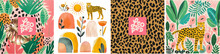 Leopard, Print And Tropical Plants. Doodles. Vector Cute Trendy Illustration Of Spotted Leopard Pattern, Texture Or Fur, Palm Leaf, Jungle, Sun, Animal For Background, Label Or Card