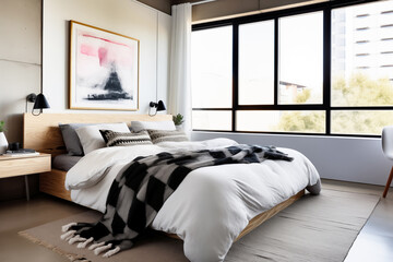 Wall Mural - Modern Bedroom with large window in Scandinavian style