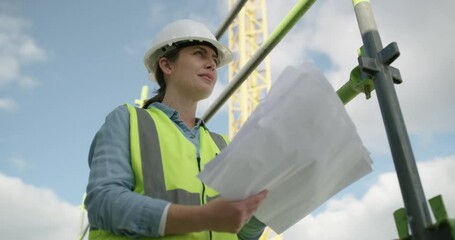 Poster - architect, woman and blueprint for planning in city, construction project and industrial urban devel