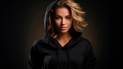 Wall Mural - Handsome young female wearing black blank hoodie on dark background.  Image of elegant, stylish and self-confident woman, leading fashionable lifestyle. Space for your logo or design. Mockup for print