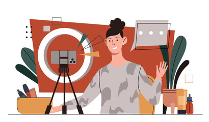 Poster - blogger record video. woman standing near camera. young girl create interesting content for social n