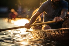 Adventurous Man Rows An Oar In A Canoe. River Summer Kayaking Sport. Generate Ai