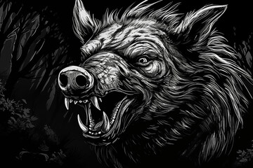 close-up of the head of a wild boar ferocious beast ready to attack roar feral animal in monochrome 