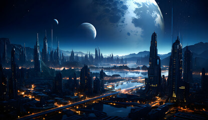 Wall Mural - Futuristic alien planet landscape with rocky terrain, glowing elements, and multiple planets in the night sky. A sci-fi scene perfect for space exploration and cosmic adventure wallpaper