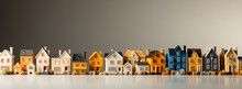 Toy City. Miniature Models Of Realistic Houses, Blurred Background.