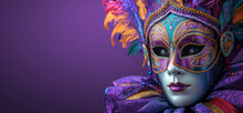Brazilian Carnival And Mask. Bright Purple Background With A Theater Character In A Beautiful Venetian Mask With Ornaments And Sparkles At The Mardi Gras Masquerade For Festival Banner, Poster Or Card