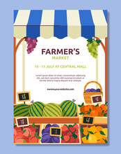 Farmers Market Poster. Shop And Store With Watermelon And Strawberries And Peaches, Lemons. Support Your Local Market. Graphic Element For Website. Cartoon Flat Vector Illustration
