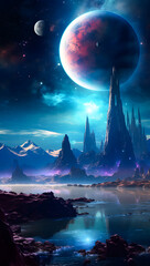 Wall Mural - Futuristic alien planet landscape with rocky terrain, glowing elements, and multiple planets in the night sky. A sci-fi scene perfect for space exploration and cosmic adventure wallpaper