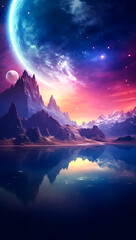 Wall Mural - Futuristic alien planet landscape with rocky terrain, glowing elements, and multiple planets in the night sky. A sci-fi scene perfect for space exploration and cosmic adventure wallpaper