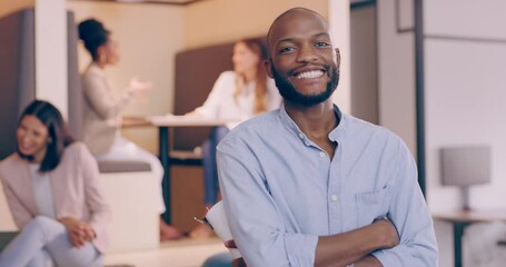 Wall Mural - Face, business and happy black man with arms crossed in startup office of creative entrepreneur coworking. Portrait, documents and confident African professional designer or employee in cafeteria