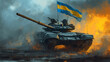Illustration war tank resisting in the battle with the Ukrainian Flag