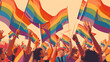 Crowd waving rainbow flags at the gay pride parade. LGBT concept