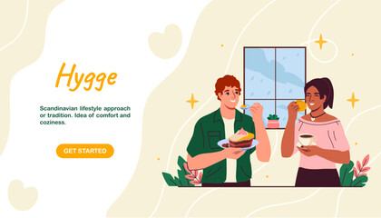 Wall Mural - Hygge indoor poster. Landing page design. Happy man and woman eat pastry and homemade bakery. Young couple with slice of cake. People with dessert and delicacy. Cartoon flat vector illustration