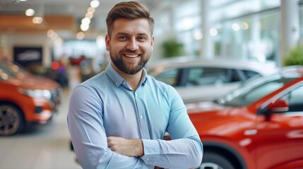 Wall Mural - Adult satisfied man customer male buyer client wear classic shirt point hands on cars show choose auto want to buy new automobile in showroom vehicle salon dealership store motor show. Sales concept.