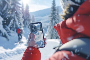Poster - A person capturing a moment in the snow. Perfect for winter-themed projects