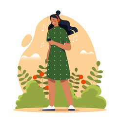 Poster - Woman listening to music. Young girl in headphones. Character with player with audio files. Music lover with favorite songs and playlist. Cartoon flat vector illustration isolated on white background