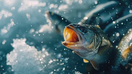 Poster - A fish with its mouth open, captured in the water. Suitable for aquatic life, fishing, or marine biology-related projects