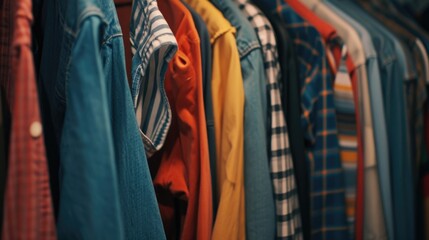 Poster - Various shirts hanging on a rack. Suitable for clothing store advertisements or fashion-related articles