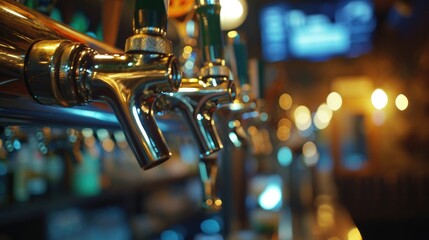 Poster - A row of beer taps on a bar counter. Ideal for use in articles or blogs about craft beer, breweries, or nightlife establishments