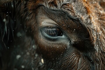 Aufkleber - A close up of a horse's eye with snow in the background. Suitable for winter-themed projects