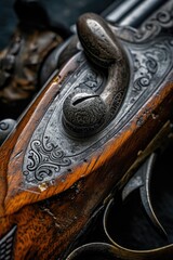 Poster - A close-up view of a gun placed on a table. This image can be used to depict themes such as crime, security, danger, or law enforcement