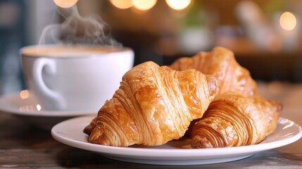Aufkleber - A delicious plate of croissants accompanied by a steaming cup of coffee. Perfect for breakfast or a cozy coffee break