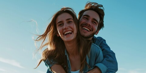 Poster - A joyful couple sharing a warm embrace. Perfect for illustrating love, relationships, and happiness